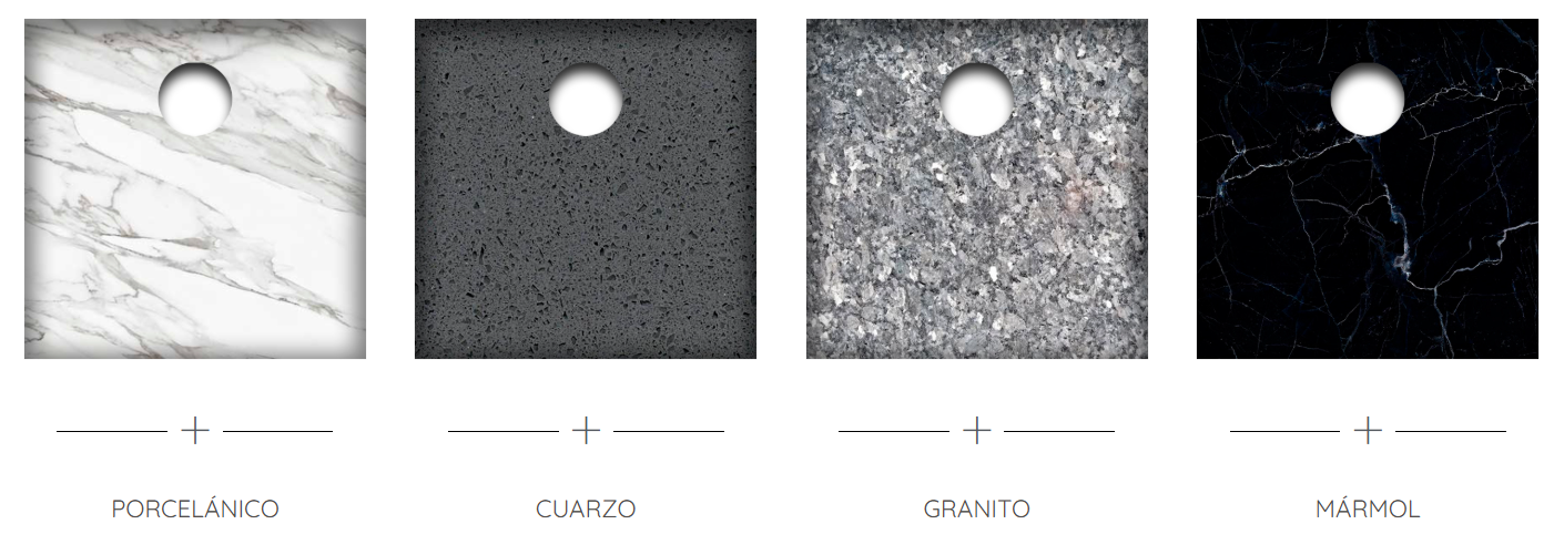 Materiales de fabricación Porcelánico, cuarzo, granito, mármol.